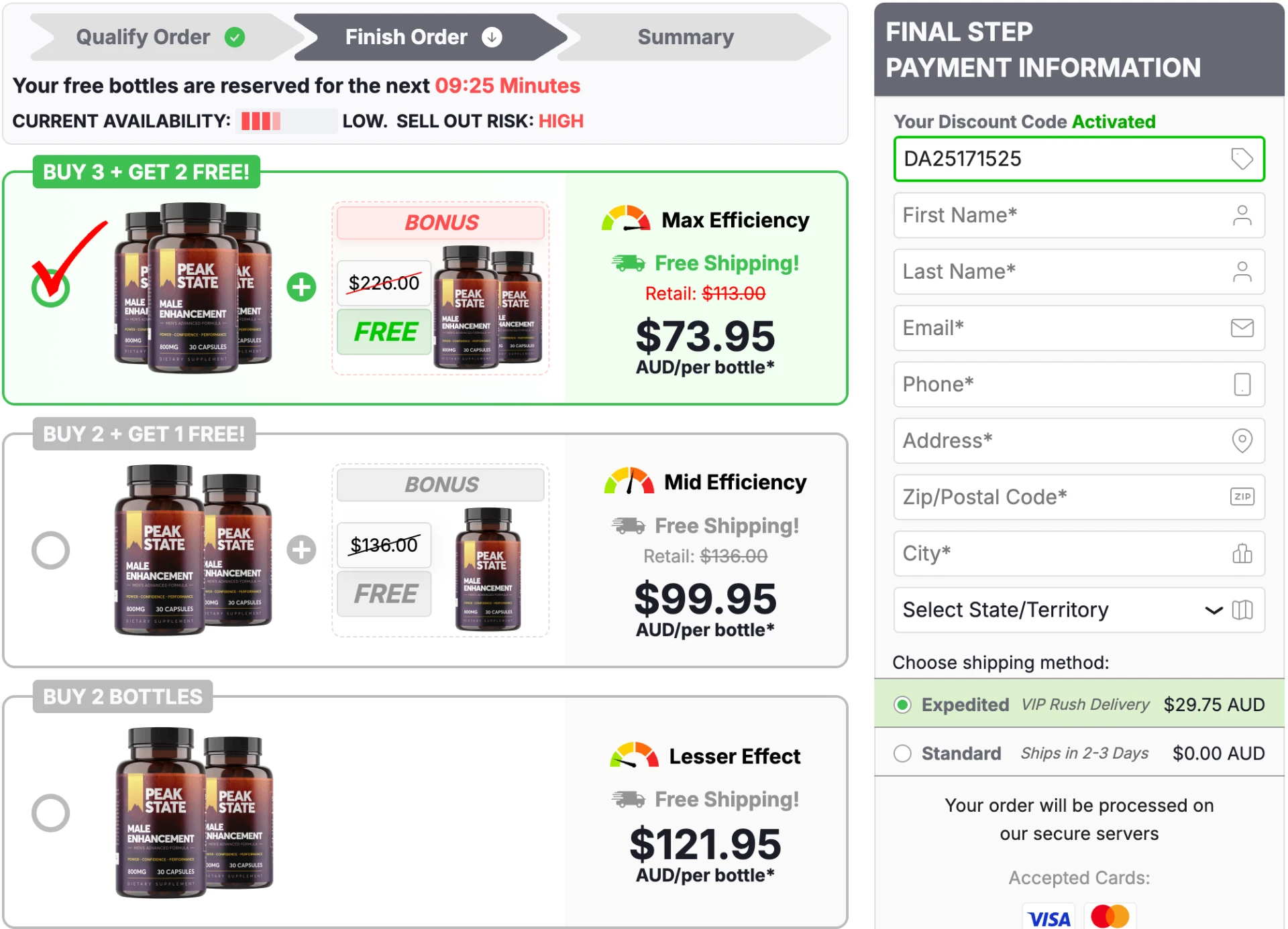 Peak State package options on the official order page