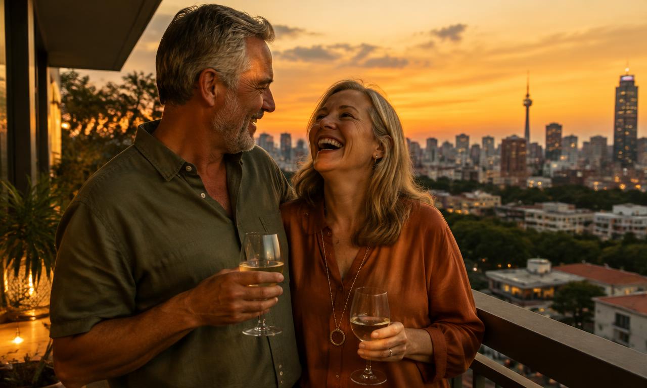Happy couple laughing on a Johannesburg balcony at sunset