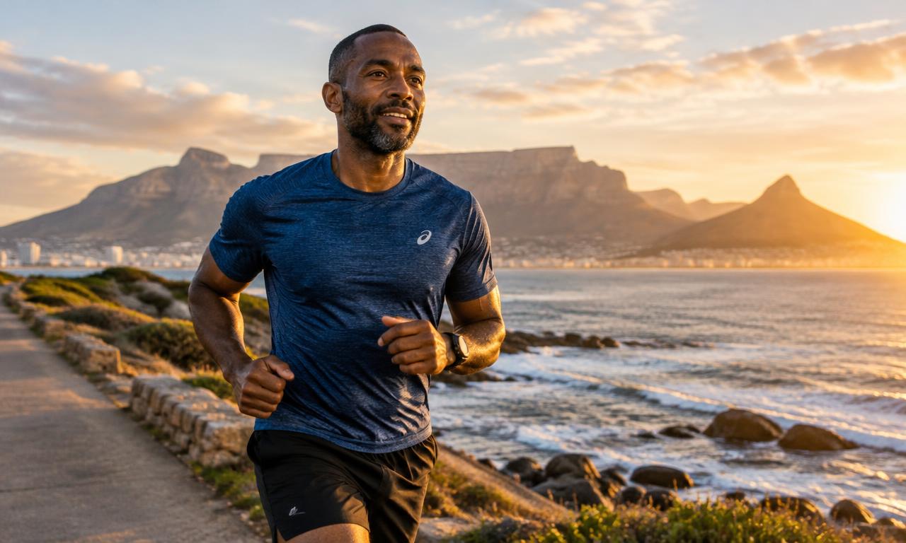 South African man running at sunrise near Table Mountain